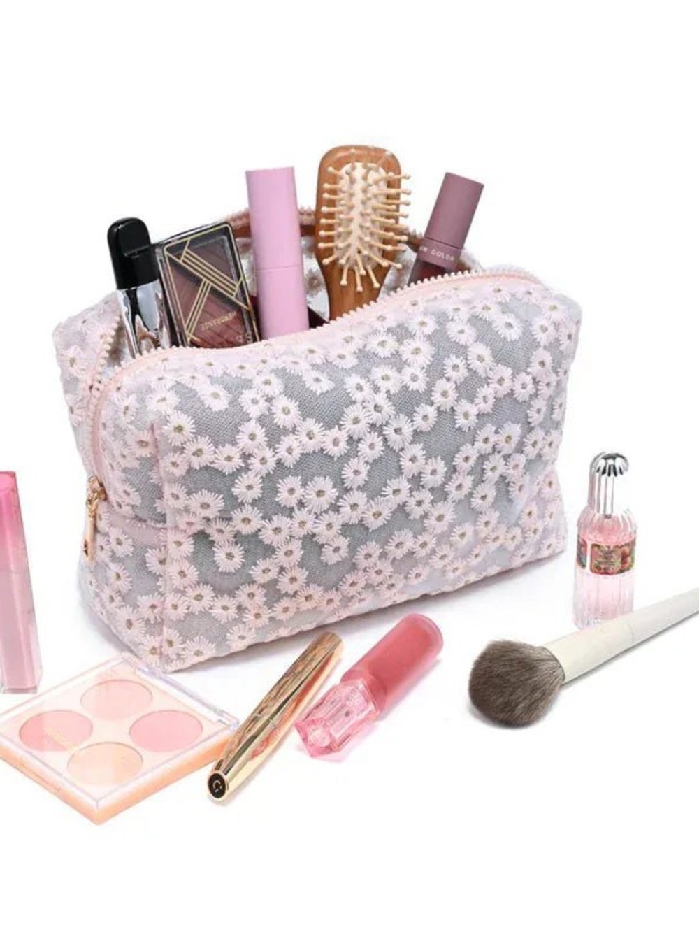 Pink Floral Lace Makeup Bag - Women's Cosmetic Pouch